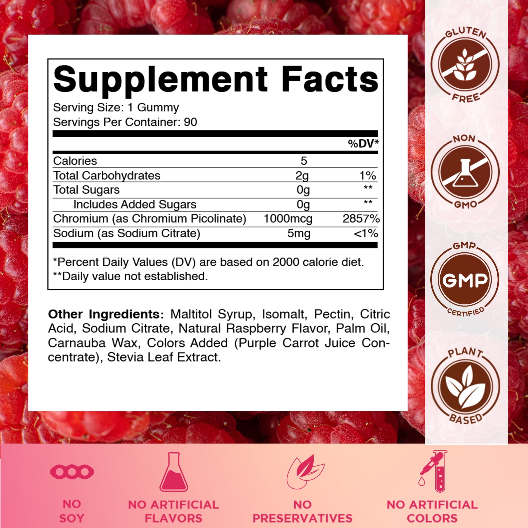 (3 pack) Vitamatic Chromium Picolinate 1000 mcg - 90 Gummies - High Potency Chromium - Raspberry Flavor