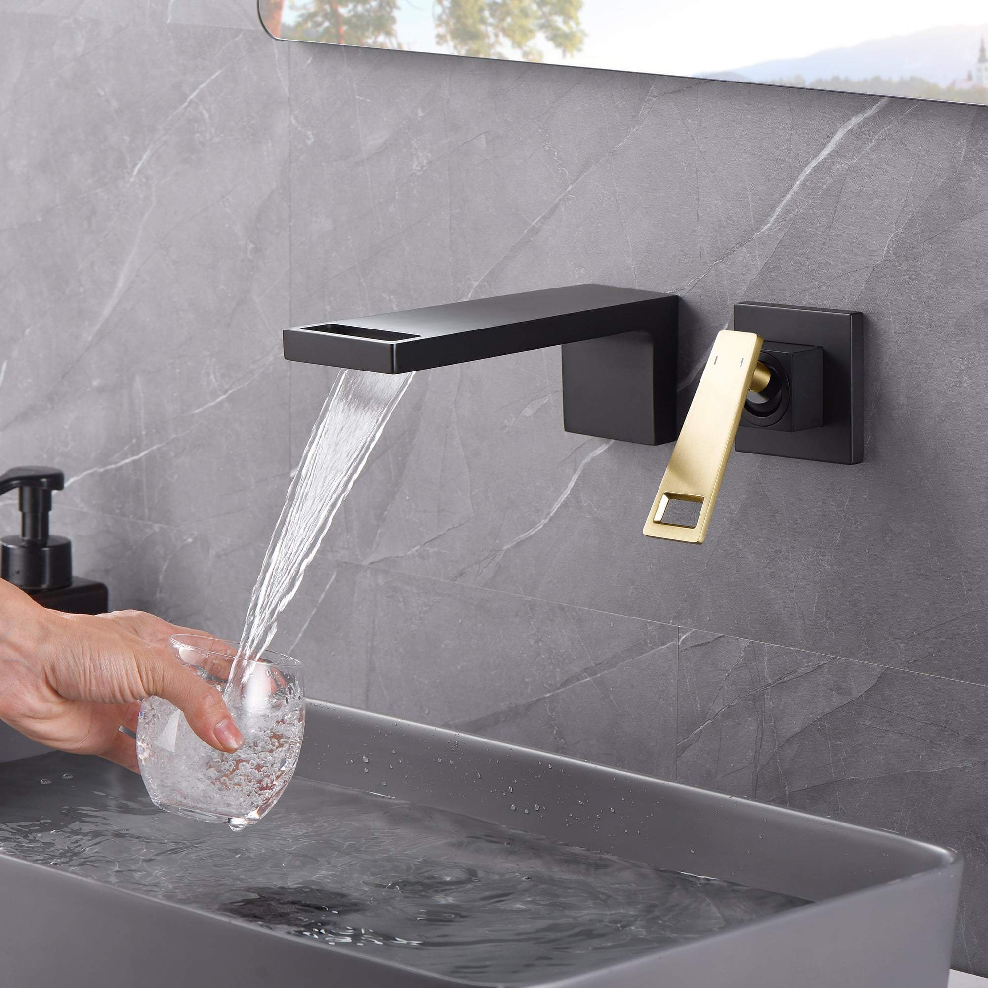 SUMERAIN Wall Mount Bathroom Faucet Single Handle Vessel Sink Faucet with Brass Rough-in Valve, Black and Gold