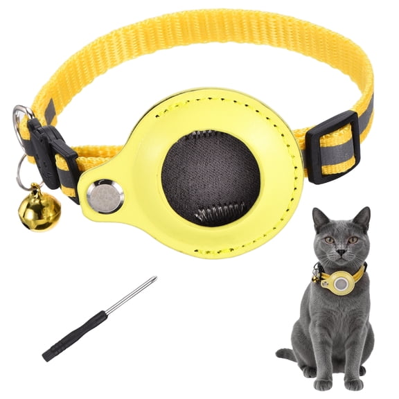 Uxcell Cat Tracker Collar, 8.7"-13.4" Reflective Cat Tracking Collar Breakaway with Leather Tracker Holder and Bell, (1 Pcs, Yellow), Intended for Kitten Dog Puppies
