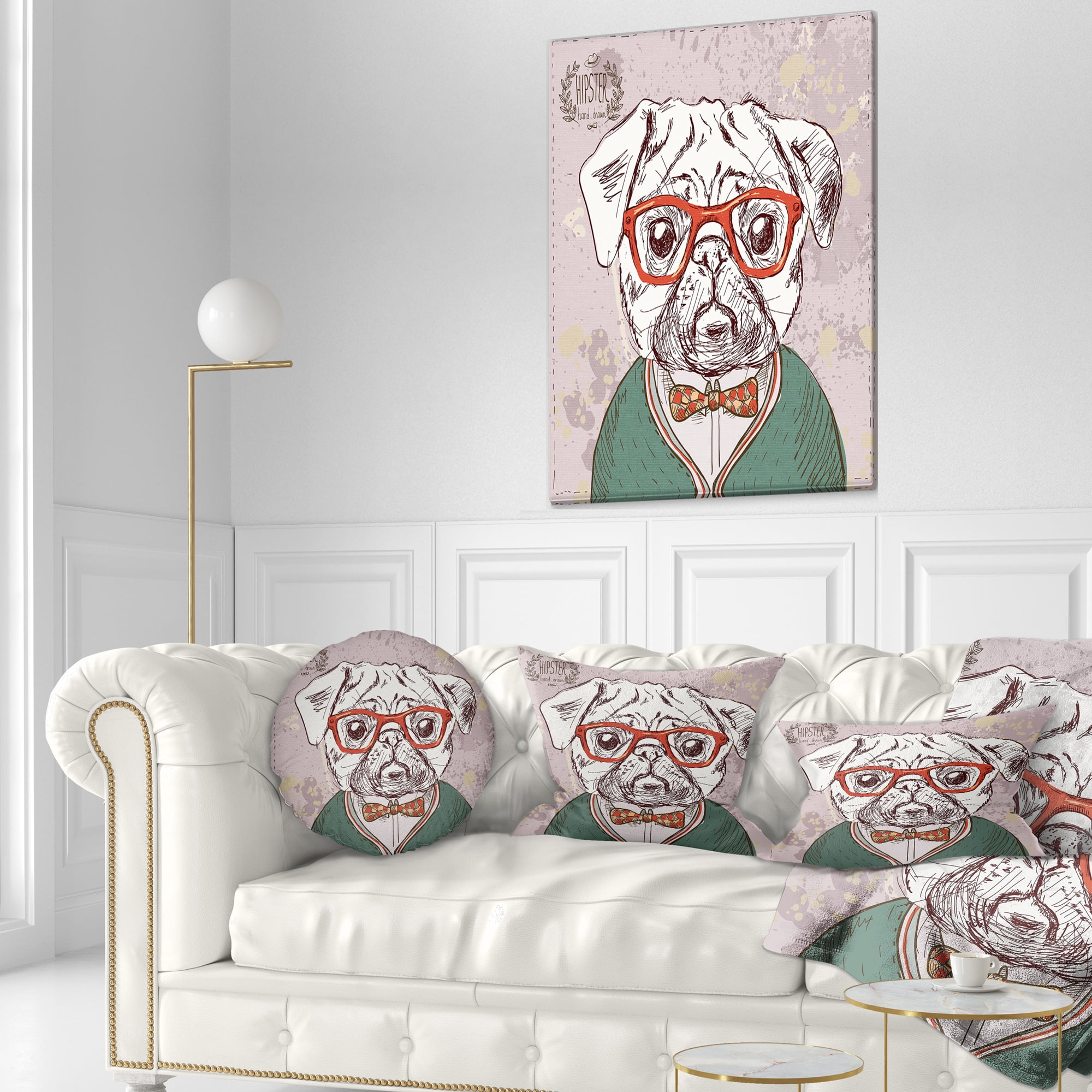 Designart Hipster Pug Dog in Vintage Style - Animal Throw Pillow - 12x20