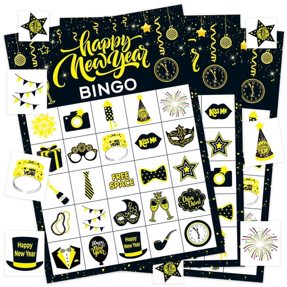 Cartes Bingo du Nouvel An 24 Joueurs Cartes Bingo Bonne Année Cartes Bingo pour Fête du Réveillon pour École Classe Bureau Activités Familiales Fournitures de Fête du Nouvel An