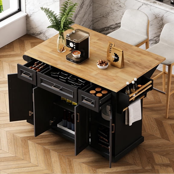 Kitchen Island with Drop Leaf, 54" Embossed Texture Rolling Cart with 4 Cabinets & 3 Drawers, Large Storage Island on Wheels for Kitchen