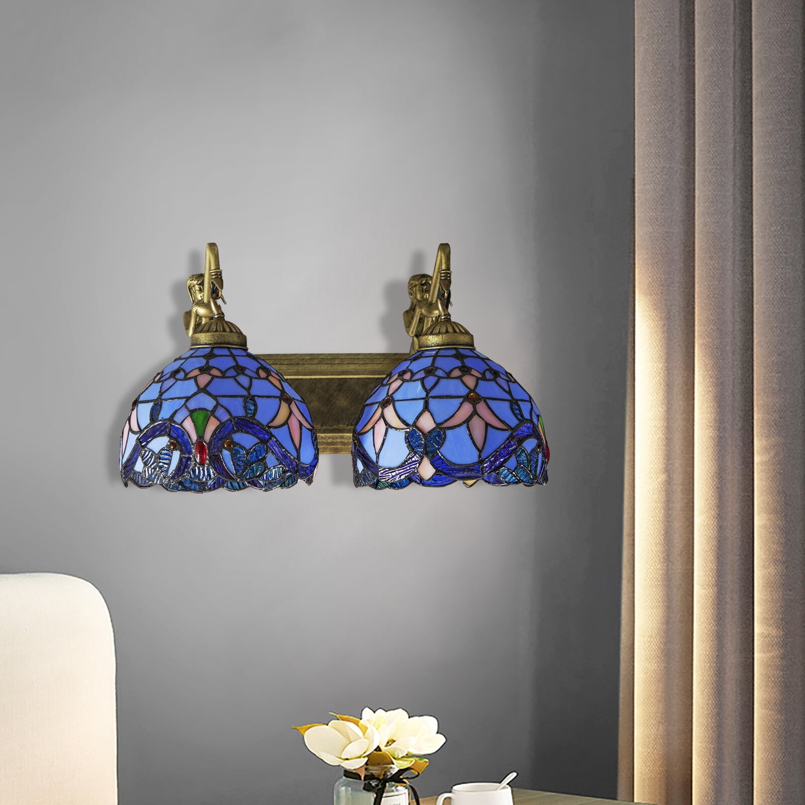 Indoor Tiffany Bathroom Vanity 2 Light Fixture Retro Stained Glass Wall Lighting