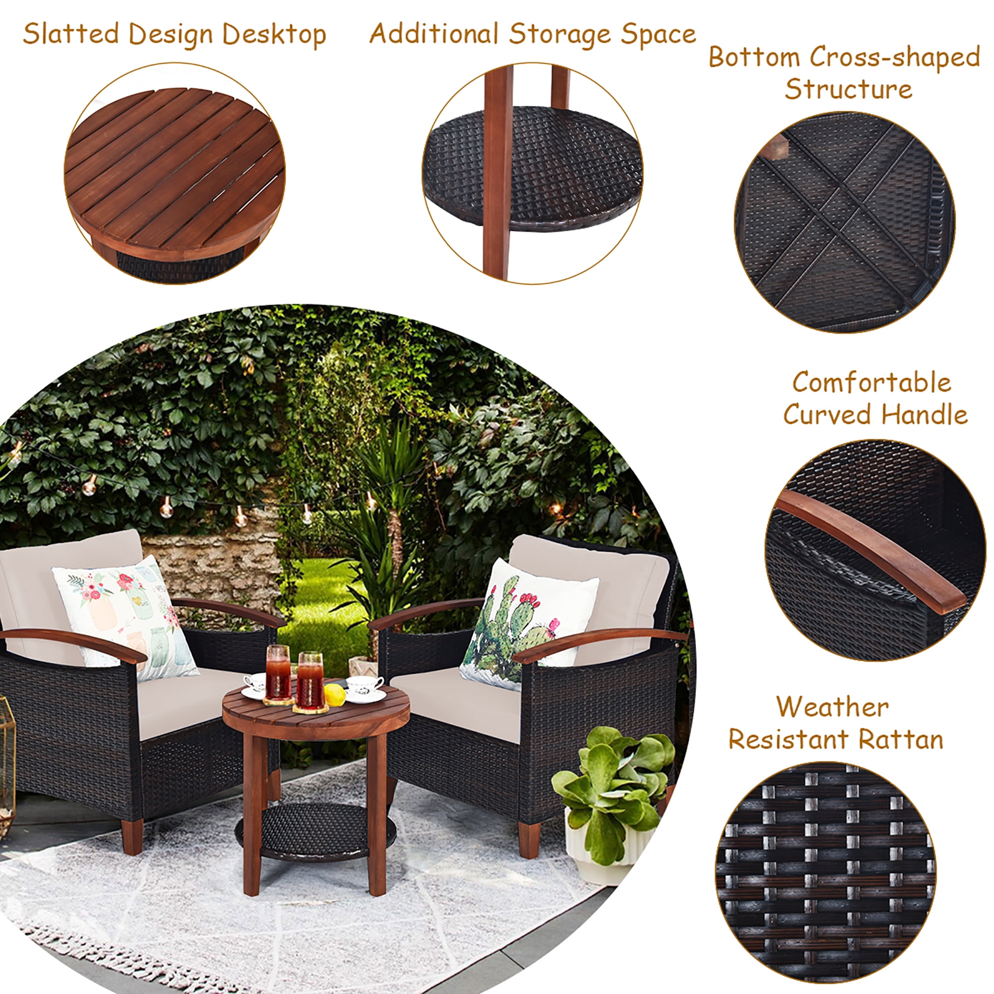Costway 3 Piece Rattan Outdoor Patio Dining Set wth Cushion, Beige