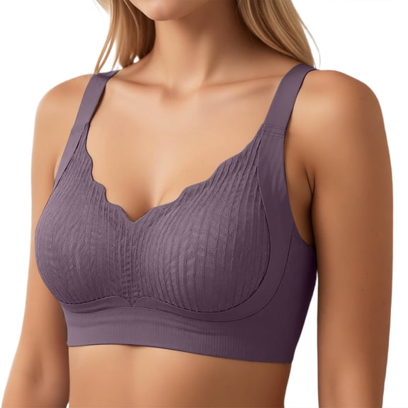 Alun Wireless Bras for Women No Underwire Full Coverage Adjustable Strap Comfort Ribbed Supportive Bra Massage Cups Push up Bralettes for Everyday Wear Purple XL