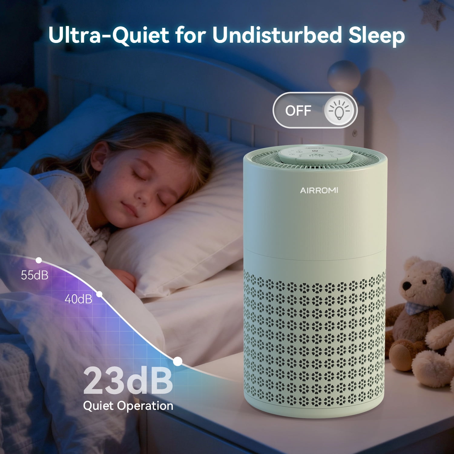 AIRROMI Air Purifier for Home Bedroom Covers 990 Ft² - Hepa 3-in-1 Filter, with Aromatherapy, Night Light & Timer, Remove Smoke, Pet Dander, Odor, Dust,A2001 Green