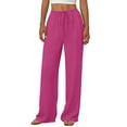 thumbnail image 4 of Wide Leg Cotton Linen Pants for Women Palazzo Summer Flowy Pants Beach Vacation Clothes Loose Casual Travel Trousers with Pockets Hot Pink, 4 of 7