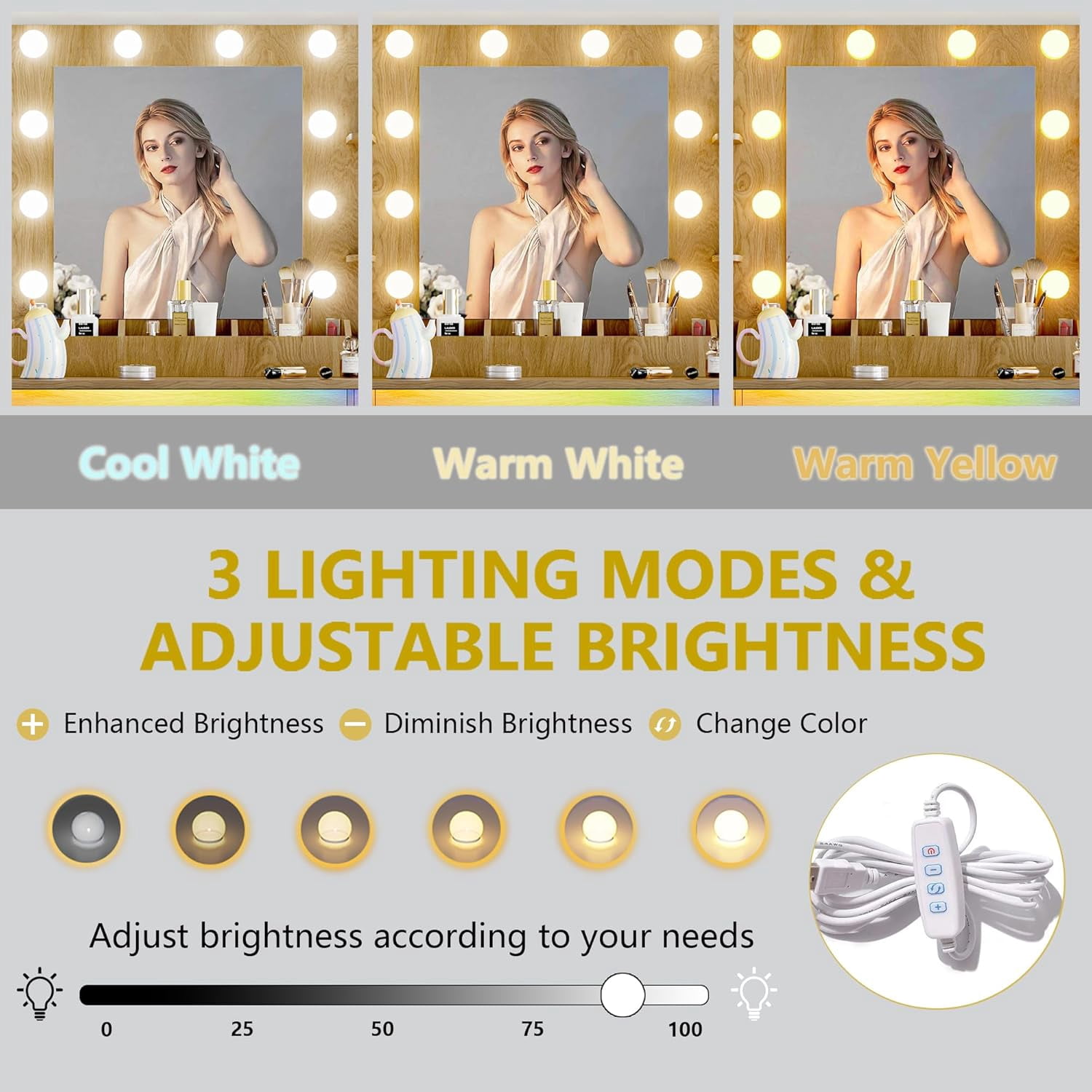 FANRAL 43'' Vanity Desk with 10 LED Lights,Under-Table RGB Strip & Built-in Power Station,Multi-Storage Makeup Table for Bedroom Bathroom Grooming,Natural Oak Vanity