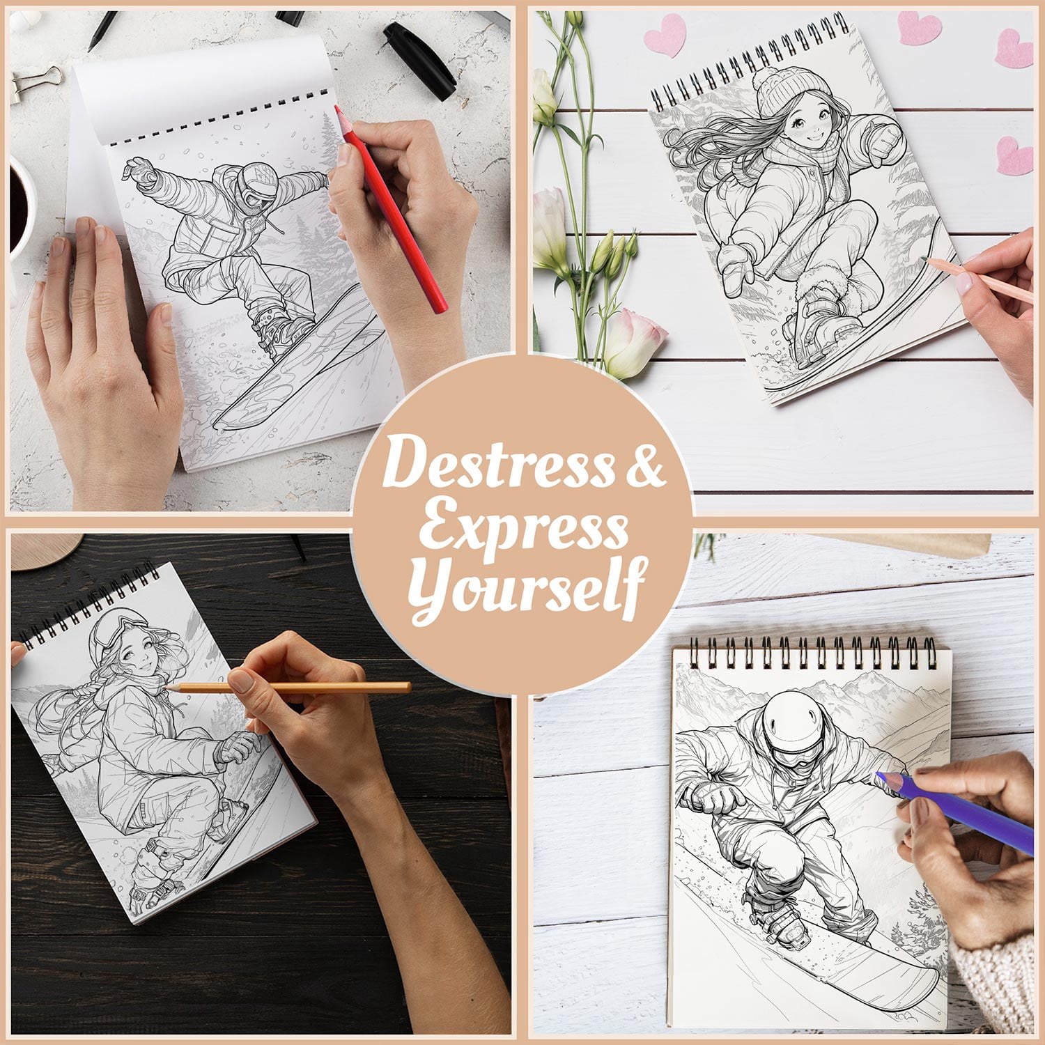 Netecom Snowboarding Coloring Book for Adults, A5 Wooden Cover, Spiral Bound, 30 Awesome Illustrations of Winter Sports for Stress Relief and Relaxation
