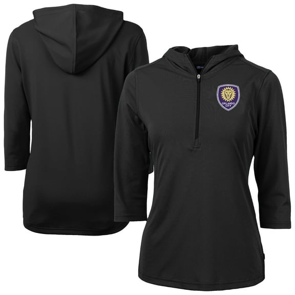 Women's-Cutter & Buck  Black Orlando City SC Virtue Eco Pique Recycled Half-Zip Pullover Hoodie