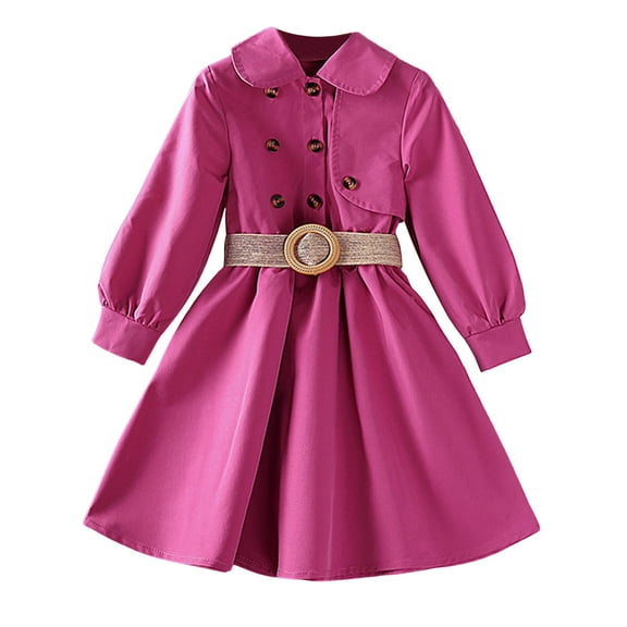 Lkhaha Girls Jacket Double Breasted Trench Dress With Belt Solid Color Long Sleeve Doll Collar Coat Size 6-7 Years