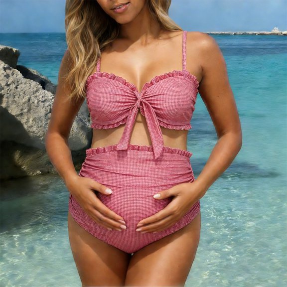 Maternity Two Piece Swimsuit with Scalloped Edge - High Waisted Pregnancy Bikini Set with Adjustable Straps