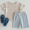thumbnail image 2 of MEZZALL Girls Outfits Set Summer Casual Toddler Kids Clothes Heart Print T Shirt Striped Shorts Air Conditioning Outfits For Daily Wear For 1-8 Years Old Fashionable Clothing, 2 of 5