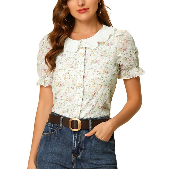 Allegra K Women's Ruffle Round Neck Floral  Embroidered Button-Down Shirt Top