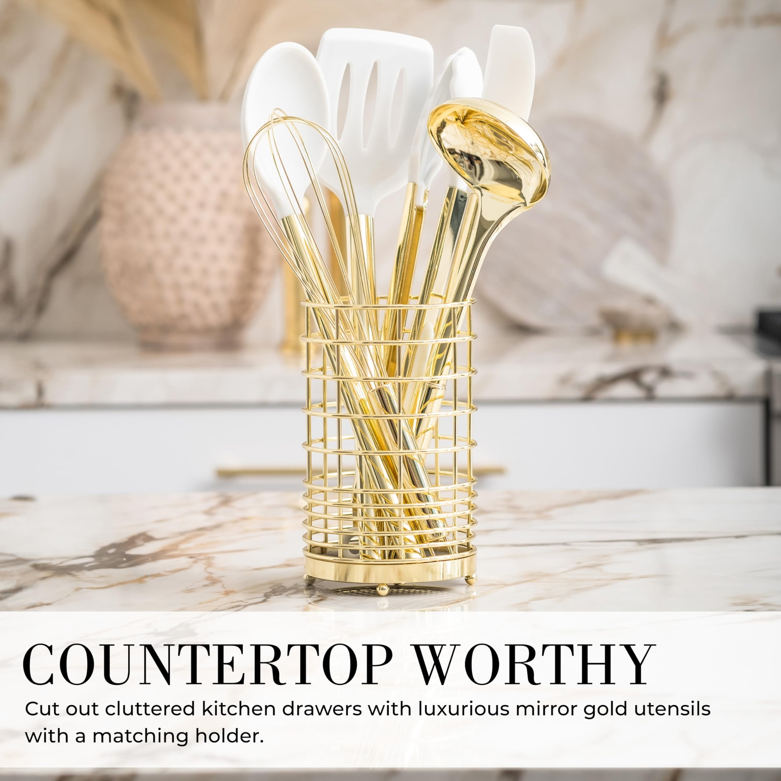 Styled Settings White and Gold Kitchen Utensils Set - 15-Piece Non-Scratch, White and Gold Utensils Set Includes White Silicone Cooking Utensils and White and Gold Measuring Cups and Spoons