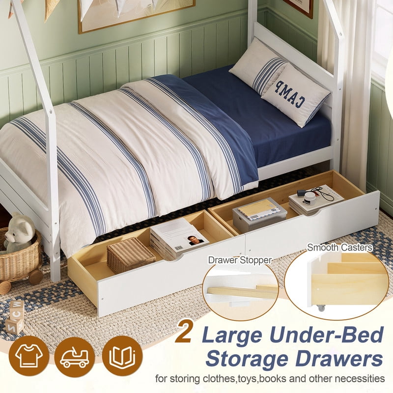 Twin Size Kids House Bed Frame, Montessori Child Floor Bed with 2 Storage Drawers, Wooden Low Profile Platform Bed