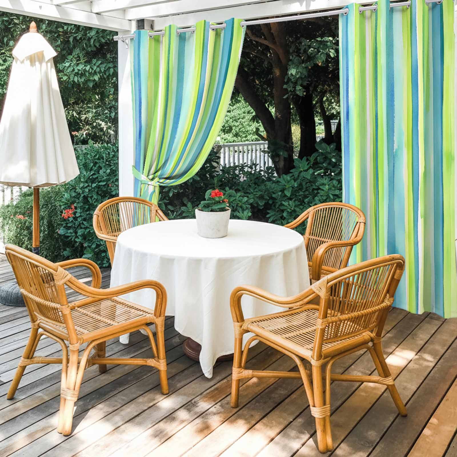 Green Yellow Striped Outdoor Curtains for Patio Waterproof, Abstract Art Watercolor Ombre Grommet Curtains for Porch Outside Privacy Drape for Gazebo Garden Pergola, 2 Panels, 54x84in