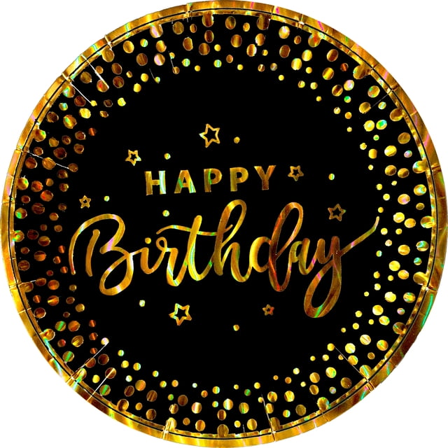 24 Pz Plato Pastelero de Cartón Premium Happy Birthday Hb Negro Confeti Oro