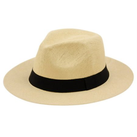 Summer Big Brim Panama Hat Fedora, Classic C Crown Sun Hat with Grosgrain