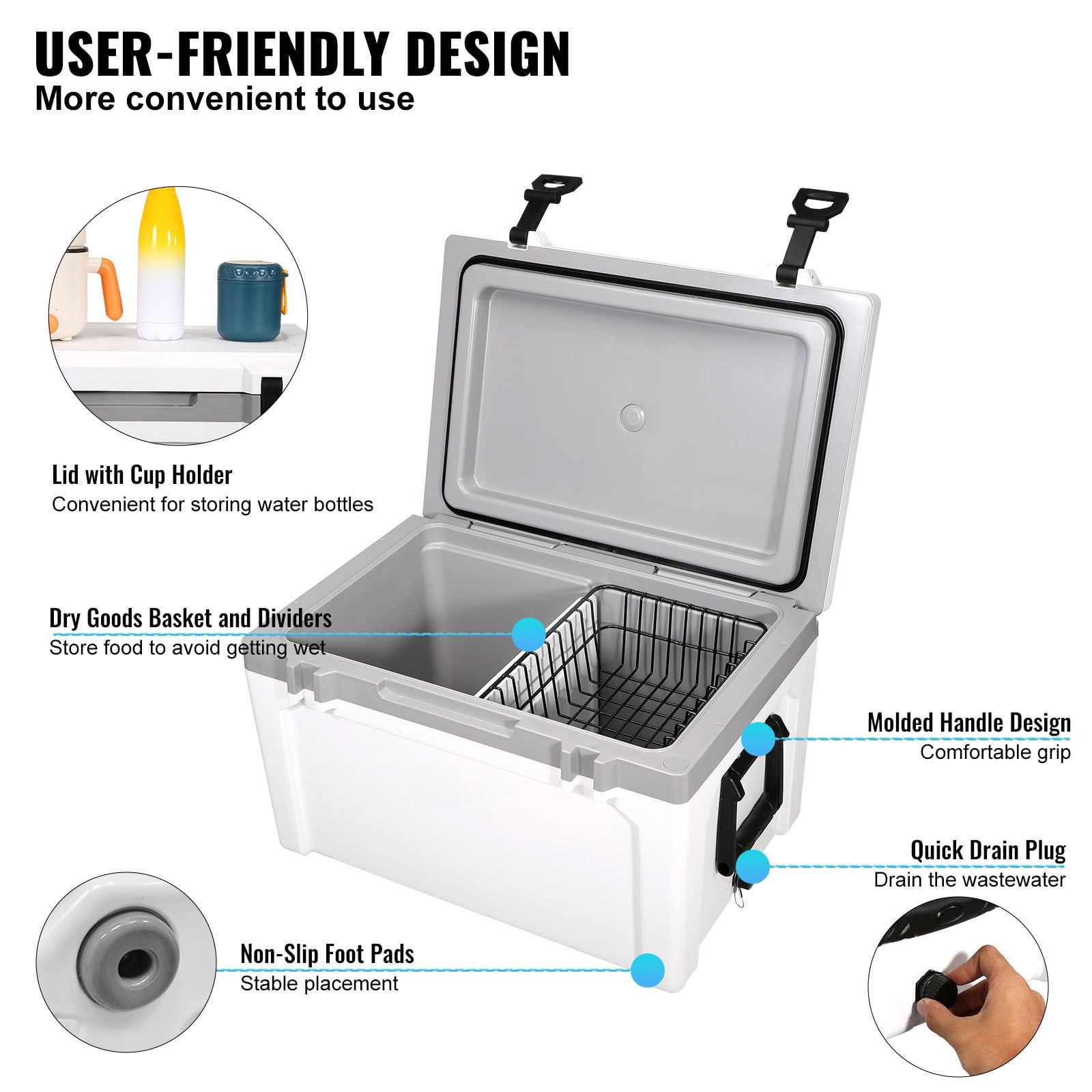 Insulated Portable Cooler, 52 qt, Holds 50 Cans, Ice Retention Hard Cooler with Heavy Duty Handle, Ice Chest Lunch Box for Camping, Beach, Picnic, Travel, Outdoor, Keeps Ice for up to 6 Days