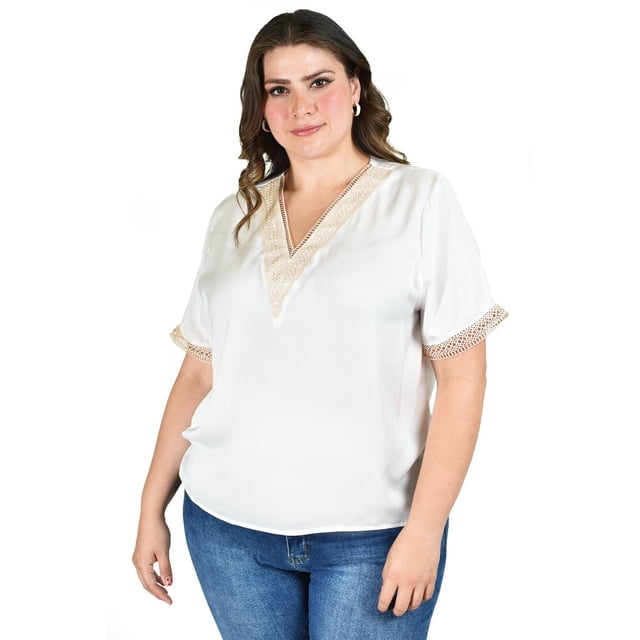 Blusa de Chifon Roman Fashion con Encaje Talla Extra 009 Blanco