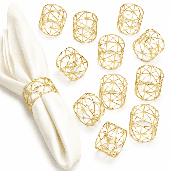 Gold Napkin Rings Set of 12,Hollow Cut Metal Napkin Ring Holders for Holidays Parties Decor