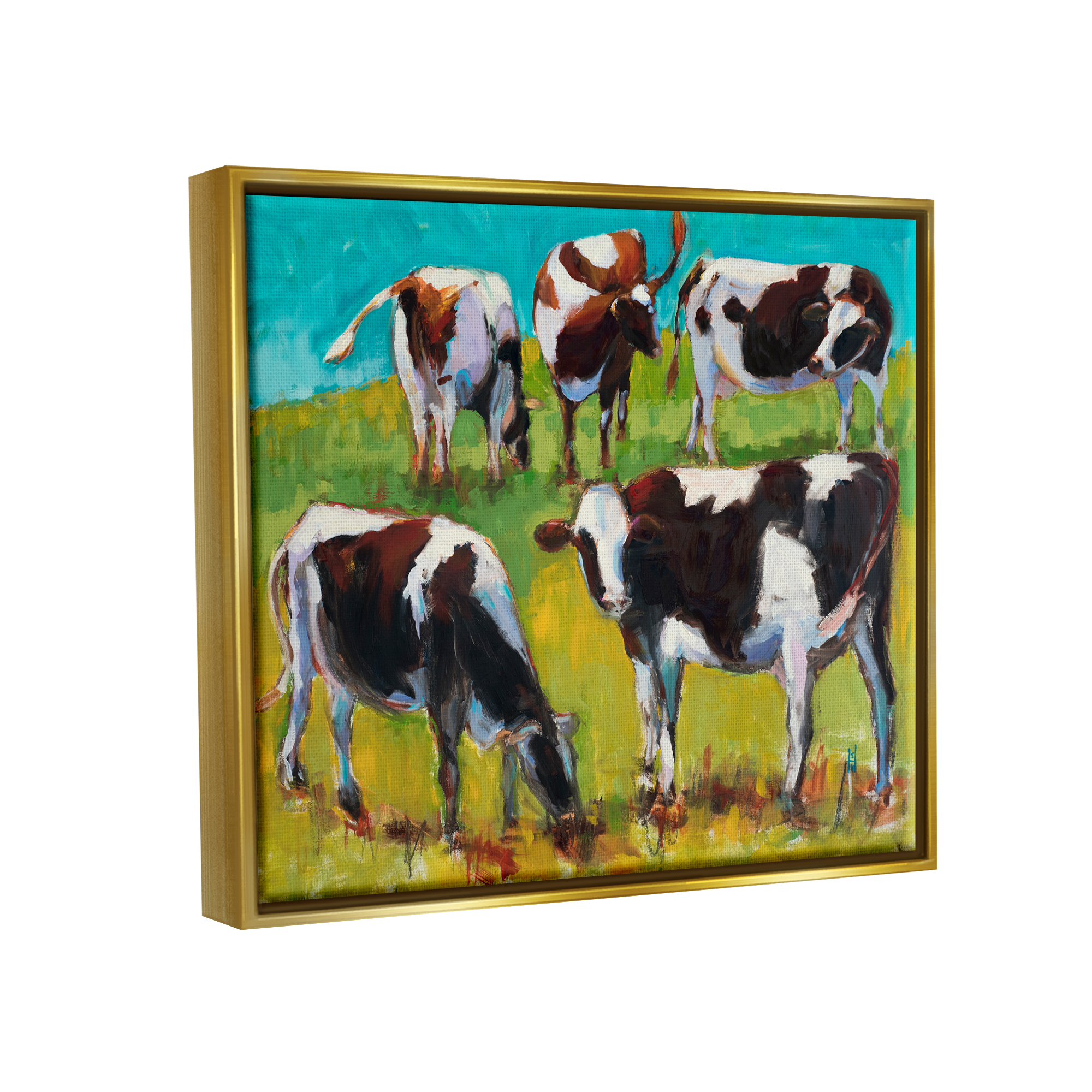 Stupell Industries Cows Grazing Modern Painting Animals & Insects Painting Gold Floater Framed Art Print Wall Art, 31 x 25