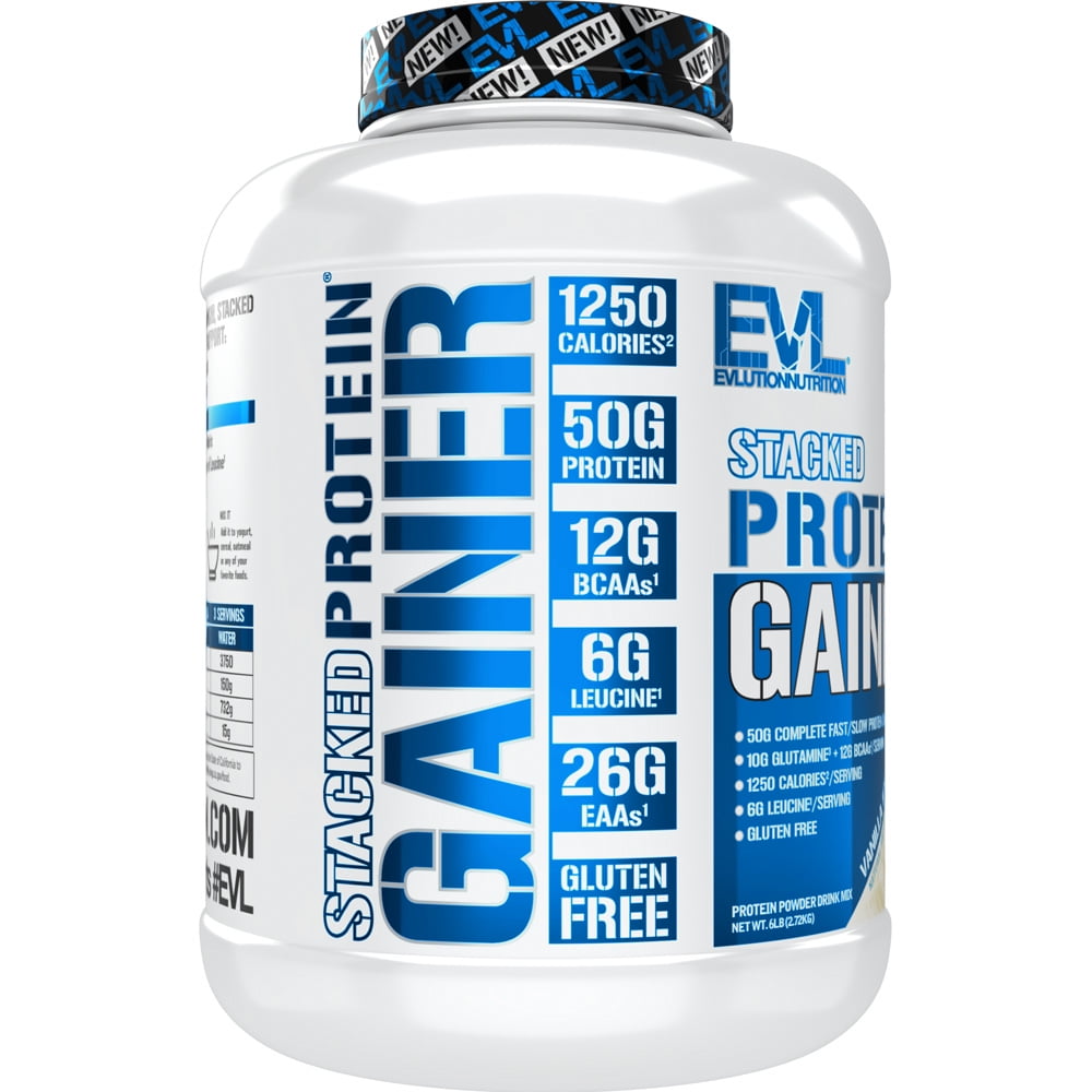 Evlution Nutrition Stacked Protein Gainer, 50 Grams Whey Protein Powder Complex, 250 Grams Carbohydrates, Build Muscle, Recovery, Post Workout, Gluten-Free - 6 lb