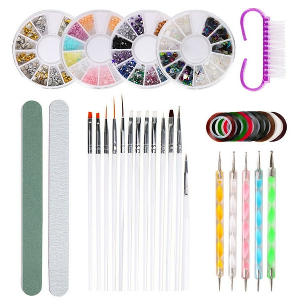 Kit de Manicura con Pinceles, Bolígrafos, Diamantes de Imitación, Limas y Herramientas | Set de Manicura y Pedicura de Plástico con Bloques de Color: 4 Decoraciones + 1 Pincel de Cuerno + 1 Barra Pul