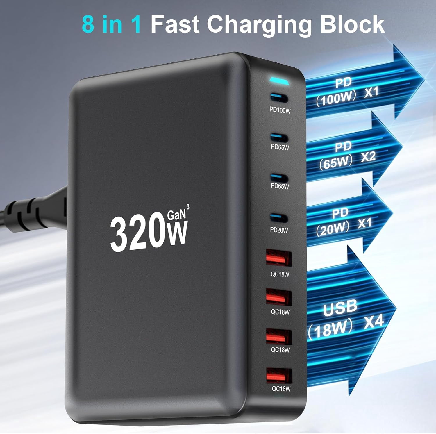 320W USB C Fast Charger Block, 8 Port USB Charging Station, GaN Ⅲ Pro 100W PD PPS Port Fast Charging Station Hub, Laptop Wall Charger Compatible with MacBook/iPhone 16/iPad/Galaxy S23/22 etc