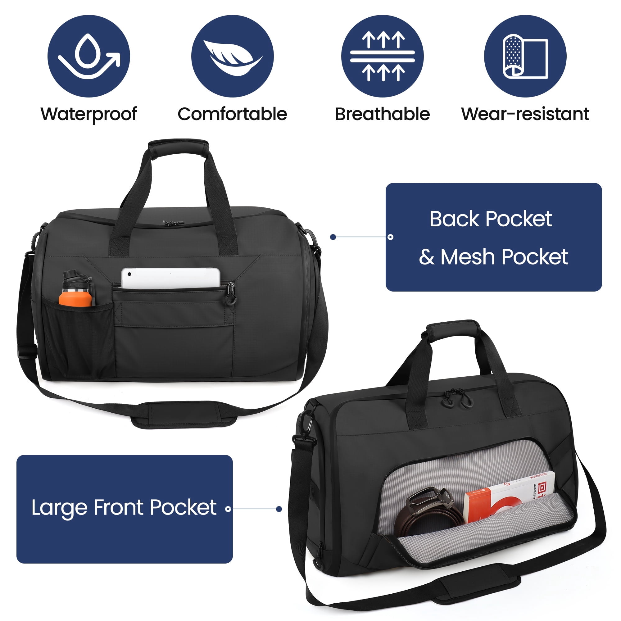 Convertible Garment Duffel Bag with Shoulder Strap, Foldable Duffle Bag for Men Women, 2-in-1 Hanging Suitcase Suit Travel Bag, Grey - GB261