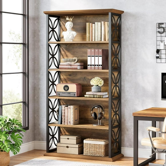 71" Industrial Bookcase, 6-Tier Tall Bookshelf with Metal Frame, Freestanding Open Storage Shelves