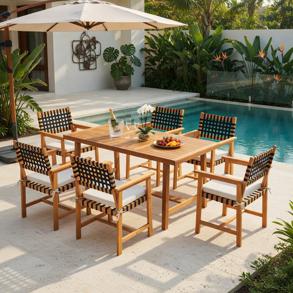 Hommoo 2-Piece Outdoor Dining Chairs Set, Acacia Wood with Woven Rope Back, Curved Ergonomic Design, Detachable Polyester Cushions & Armrests, White