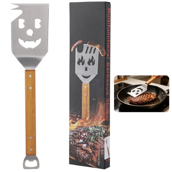 Heavy Duty 7-in-1 BBQ Grill Spatula Multi-Tool with Bottle Opener, Serrated Edge & Meat Tenderizer, Extra Long Stainless Steel Handle for Camping & Outdoor Grilling