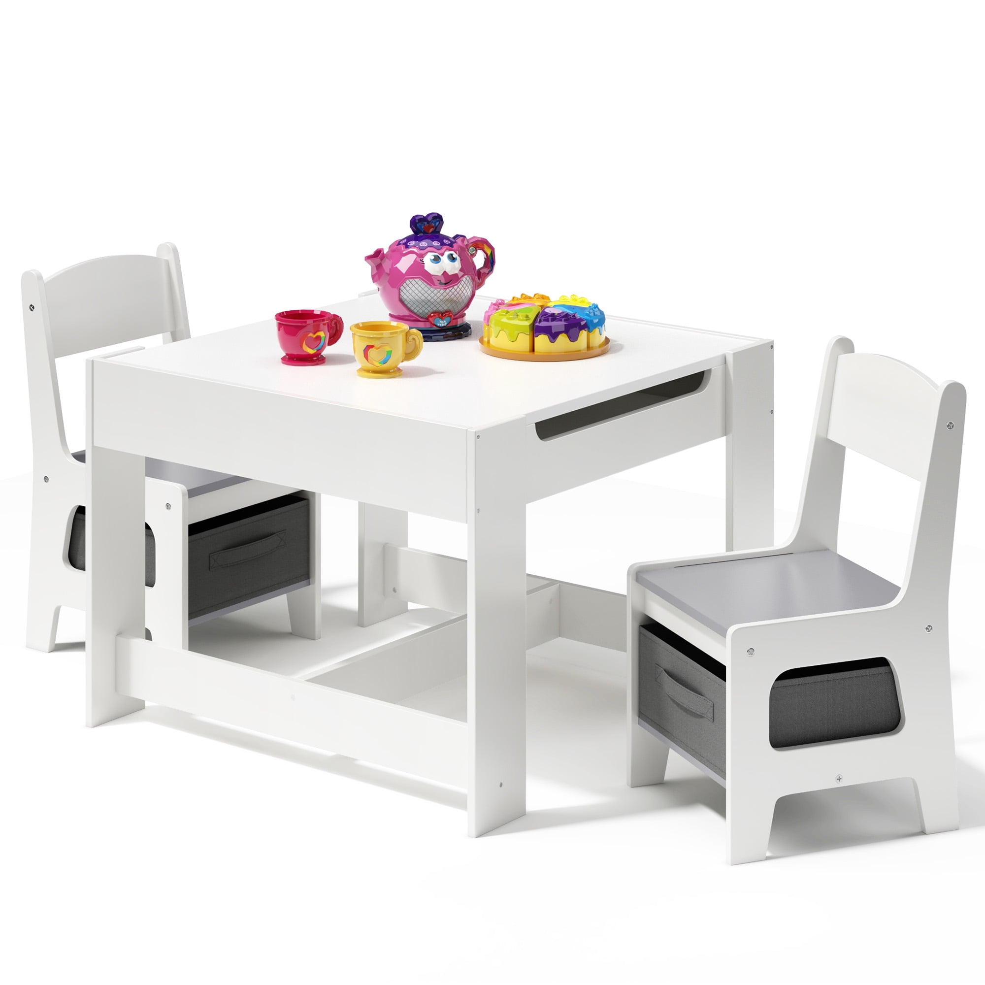 Lofka Kids Table and Chair Set, 3 Piece Wooden Table Set for Kids, Child Activity Desk  w/Storage for Toddlers Drawing Reading and Eating in Playroom, Grey