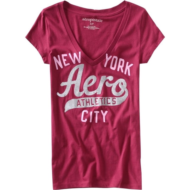 Aeropostale - Playera con gráfico de purpurina Aero New York para mujer, rosa, XS