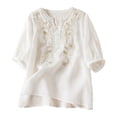 thumbnail image 3 of Inverlee Womens Cotton Linen Shirts Casual Short Sleeve Tops Cute Boho Solid Color Embroidery T Shirts Flowy Elegant Tunic Blouse, 3 of 9