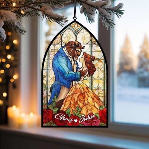 Beauty and the Beast Acrylic Suncatcher, Custom Name Couple Gift, Fairytale Love Window Hanging, Disney Sun Catcher, Disney Couple Ornament