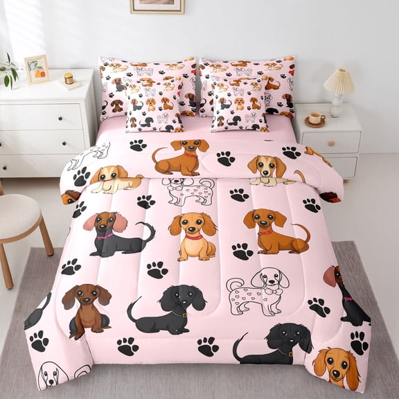Castle Fairy Cartoon Dachshund Twin Bedding Sets,Kawaii Dog Bedding Comforter Set