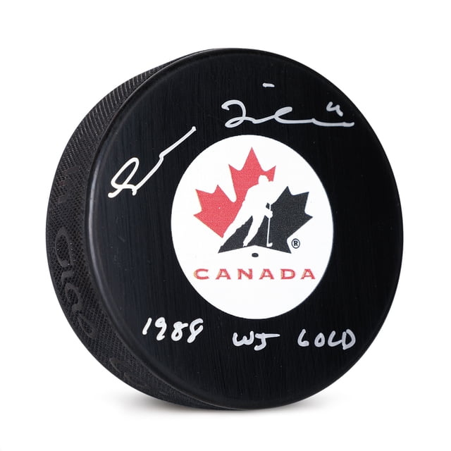 Trevor Linden Signé Team Canada Hockey Rondelle avec 1988 WJ Gold Note