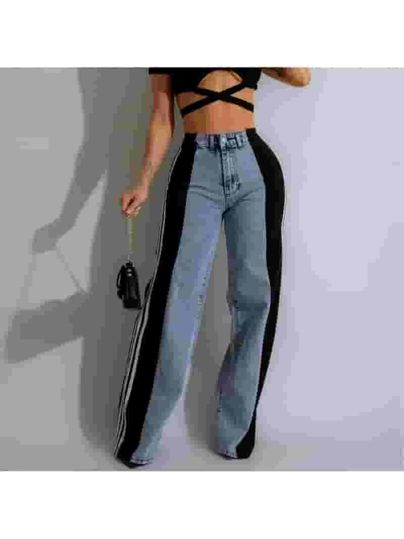 デニム・ジーパン HUECLOSET (set-up) Pigment Two-tuck WideDenim(3colors) BNE74 Two-Tone High-Waisted Wide-Leg Jeans with Striped Side