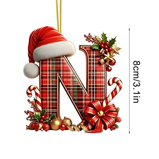 Christmas Tree Ornaments 2D Acrylic Monogram Pendants With Santa Hat 26 Letters Hanging Decorations For DIY Crafts And Home Decor