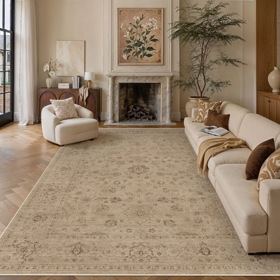 BERTHMEER 8'x10' Large Area Rugs for Living Room Bedroom Dining Room Office Oriental Floral Vintage Farmhouse Machine Washable Non-slip Traditional Distressed Carpets, Brown