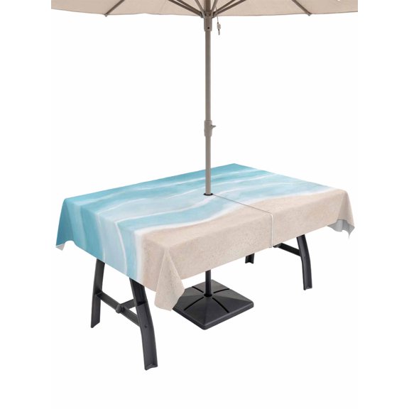 Outdoor Tablecloth with Umbrella Hole for Patio/Picnic/Party/Camping, Blue Coastal Waterproof Table Cloth Rectangle Table Cover Washable, Waves Summer Beach Ocean Sea (60"x 120")