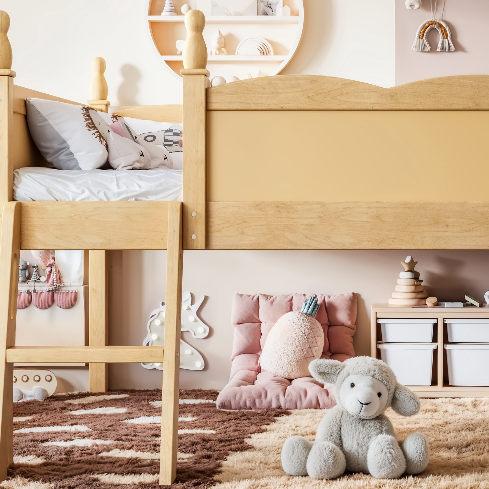 Safe Full Size Low Loft Bed with Full-Length Guardrails and Bookshelf, Solid Wood Bed with Ladder for Kids and Teens, Natural