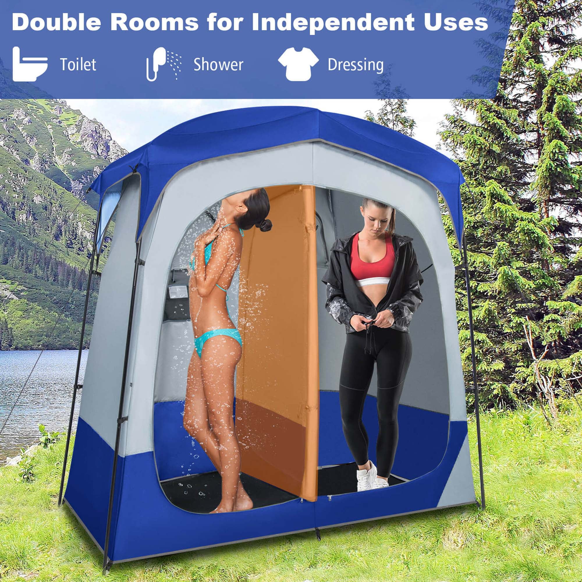 Goplus 2 Room Shower Tent Oversize Privacy Shelter Portable Dressing Toilet Outdoor Blue