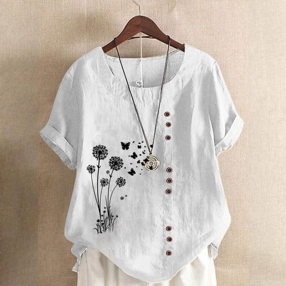 Roncen Women's Short Sleeve Daisy Print T-Shirt - Button Detail Crewneck Top in Cotton-Linen Feel Fabric