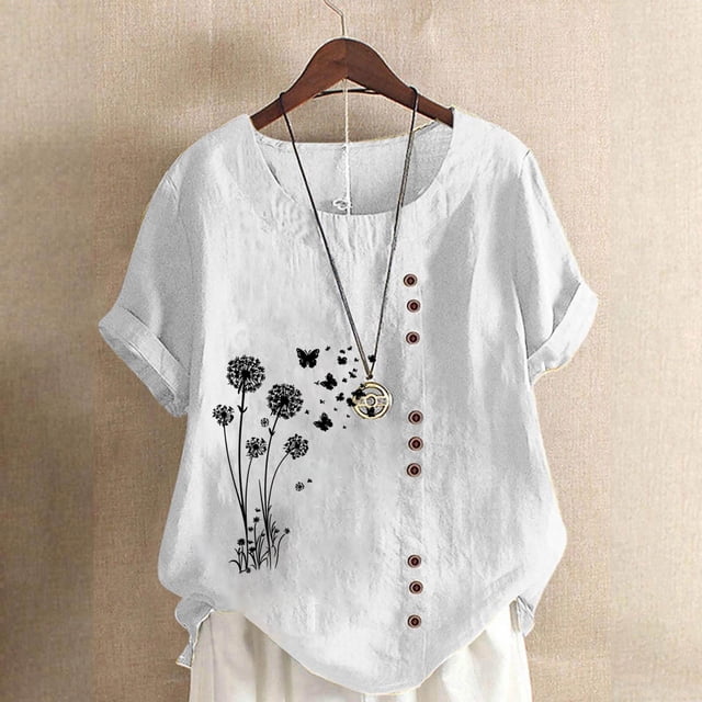 TaTaai Women's Everyday Casual Blouse, Linen Feel Round Neck T-Shirt, Short Sleeve Comfortable Top for All Occasions Gift