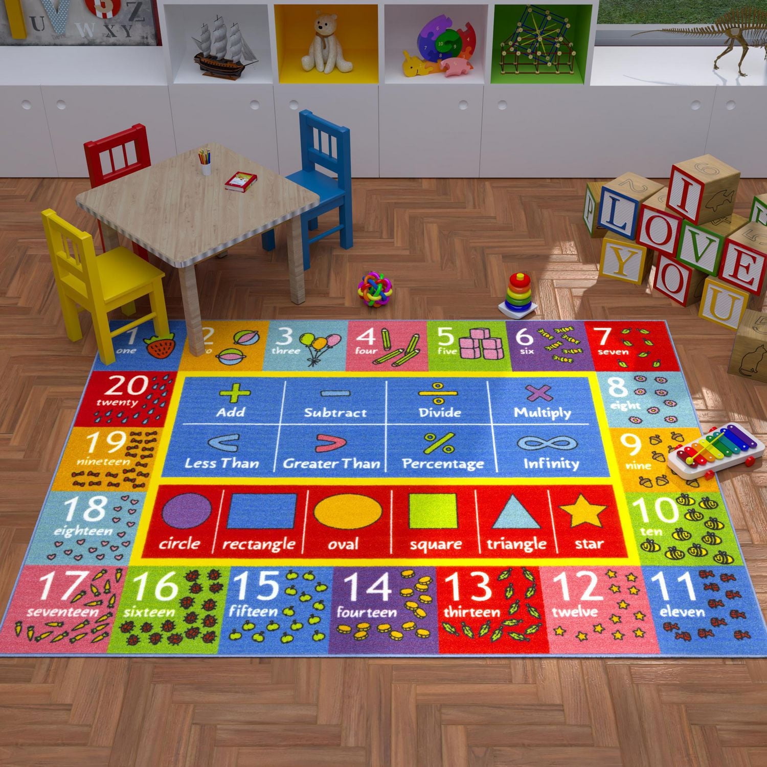 KC Cubs Playtime Collection Math Symbols, Numbers and Shapes Educational Learning & Game Area Rug Carpet for Kids and Children Bedrooms and Playroom