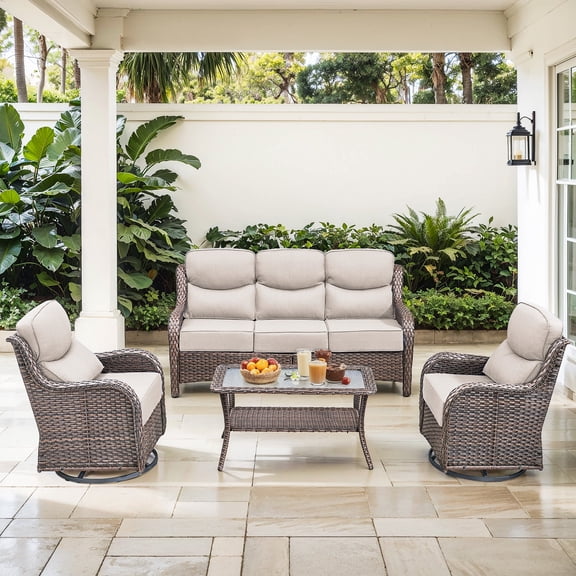 Jentlehouse Outdoor Patio Furniture Set,All-Weather Wicker Sofa Set with Outdoor Rockers & 2-Tier Table,Outdoor Conversation Furniture Set for Garden Porch Balcony Deck